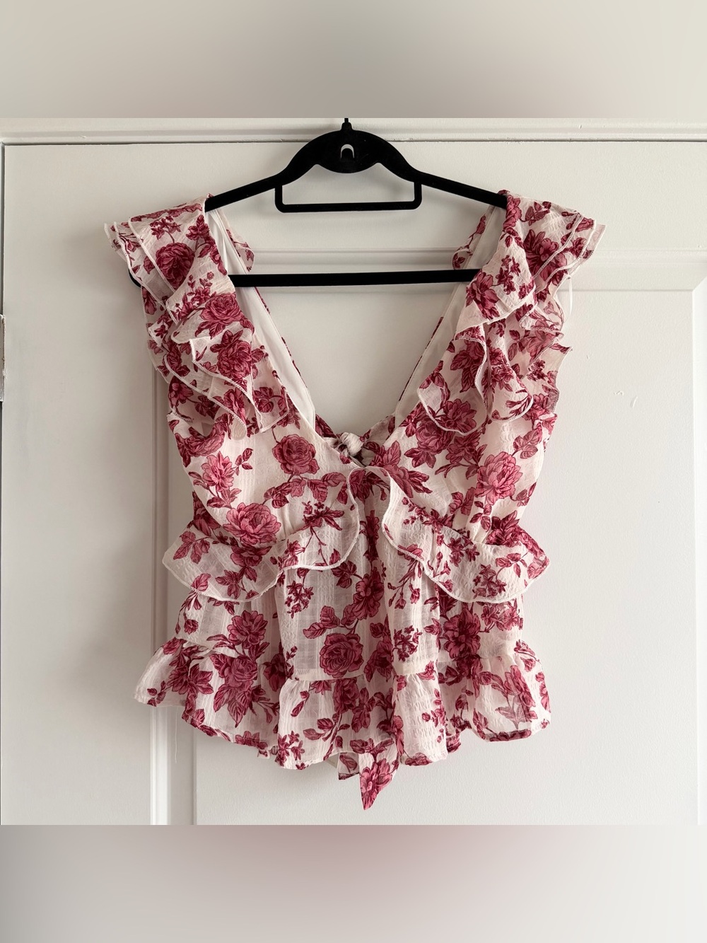 Francesca’s Pink and White Floral Ruffle Deep V Neck Blouse